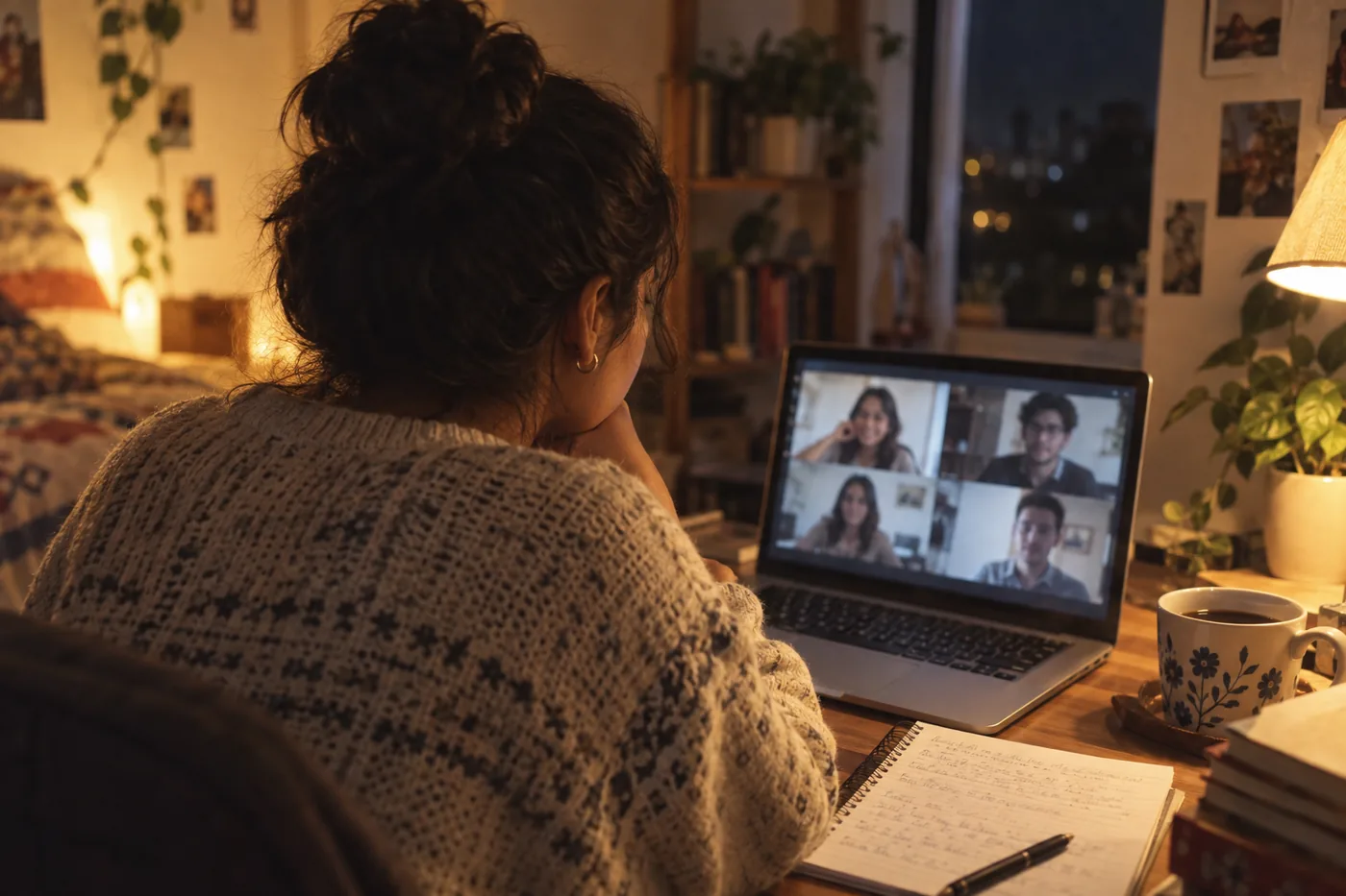 Estudiante latinoamericana conectada desde su casa con otras personas de la comunidad SLVERA