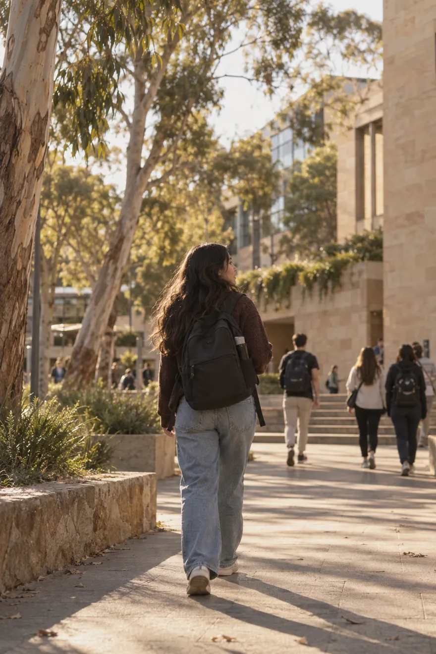 Estudiante latinoamericana caminando por un campus universitario en Australia