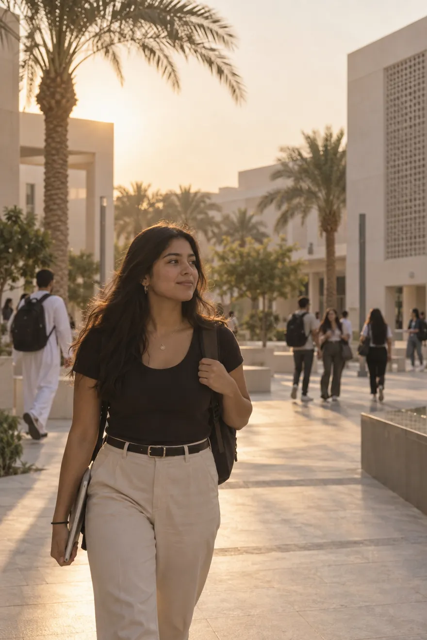 Estudiante caminando por un campus universitario moderno en Dubái