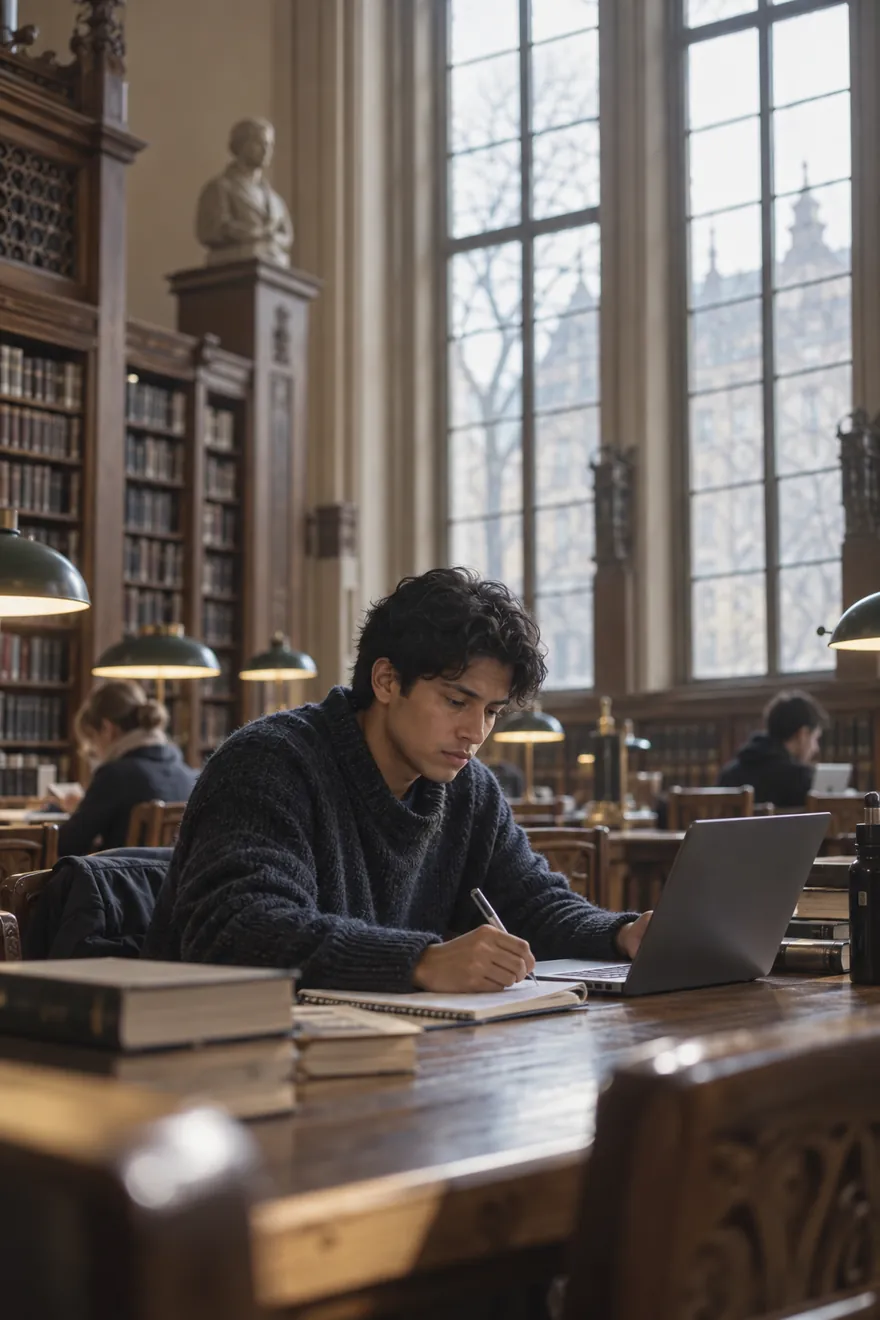 Estudiante latinoamericano en una biblioteca universitaria de Alemania