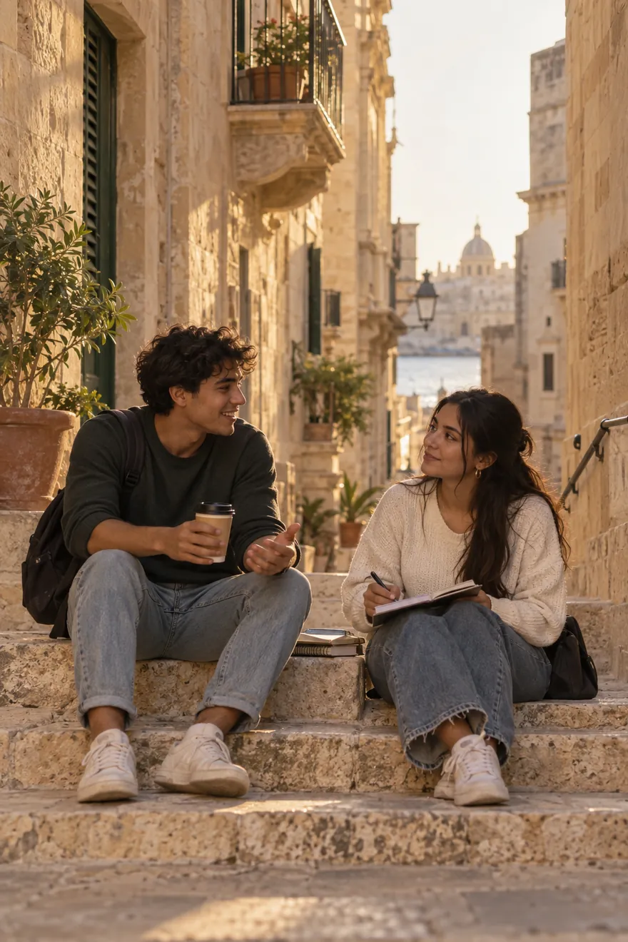 Dos estudiantes latinoamericanos conversando en una calle de piedra en Malta
