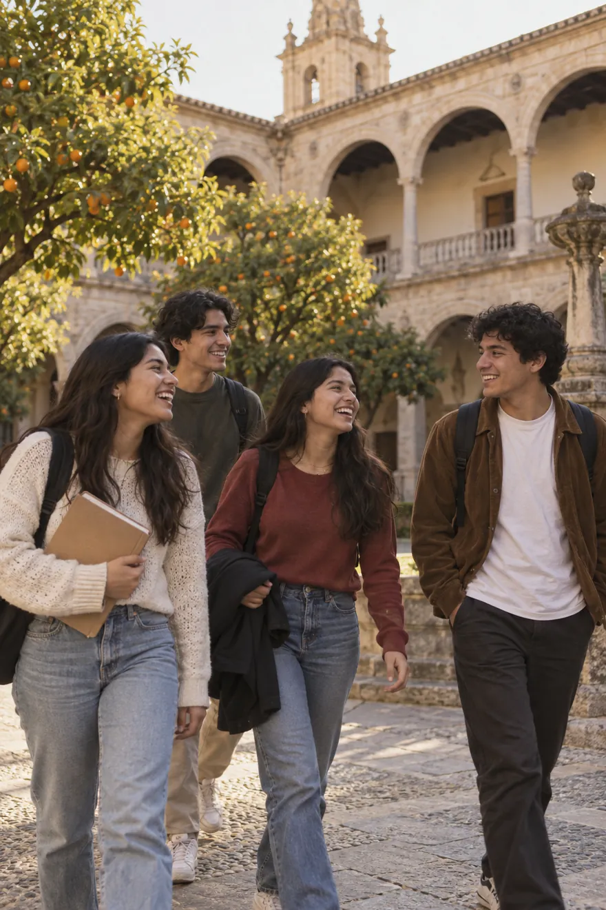 Grupo de estudiantes latinoamericanos en un patio universitario de España