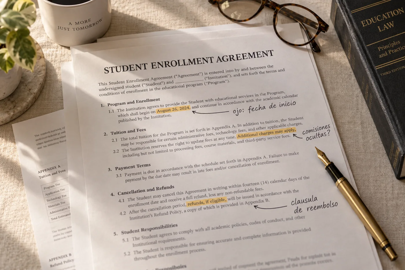 Contrato educativo en inglés con cláusulas resaltadas y anotaciones legales en español al margen